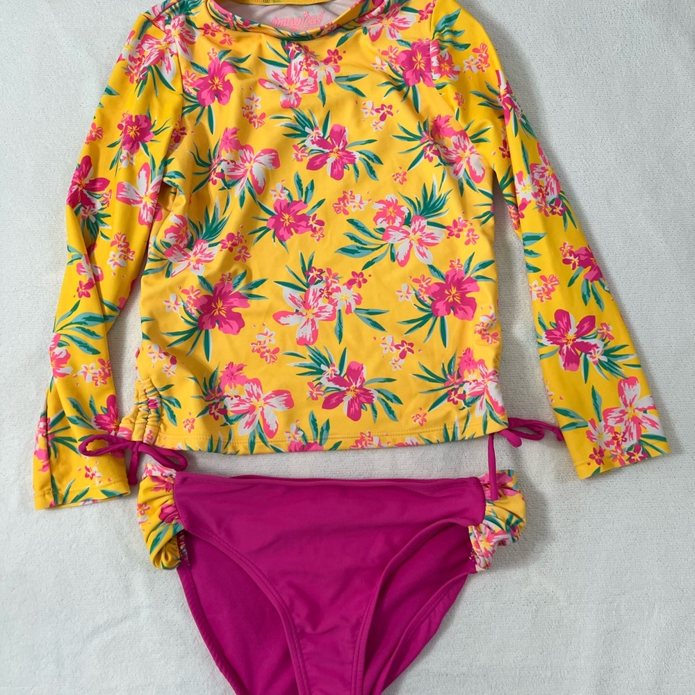 Yellow and Pink Rashguard Swim Set with Floral Design